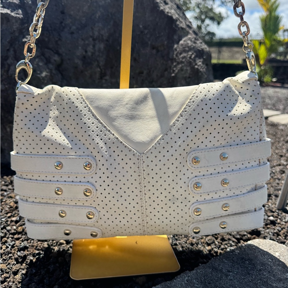Jimmy Choo Egg Shell White Leather Perforated Shoulder Bag with Buckle Detail - Picture 8 of 17